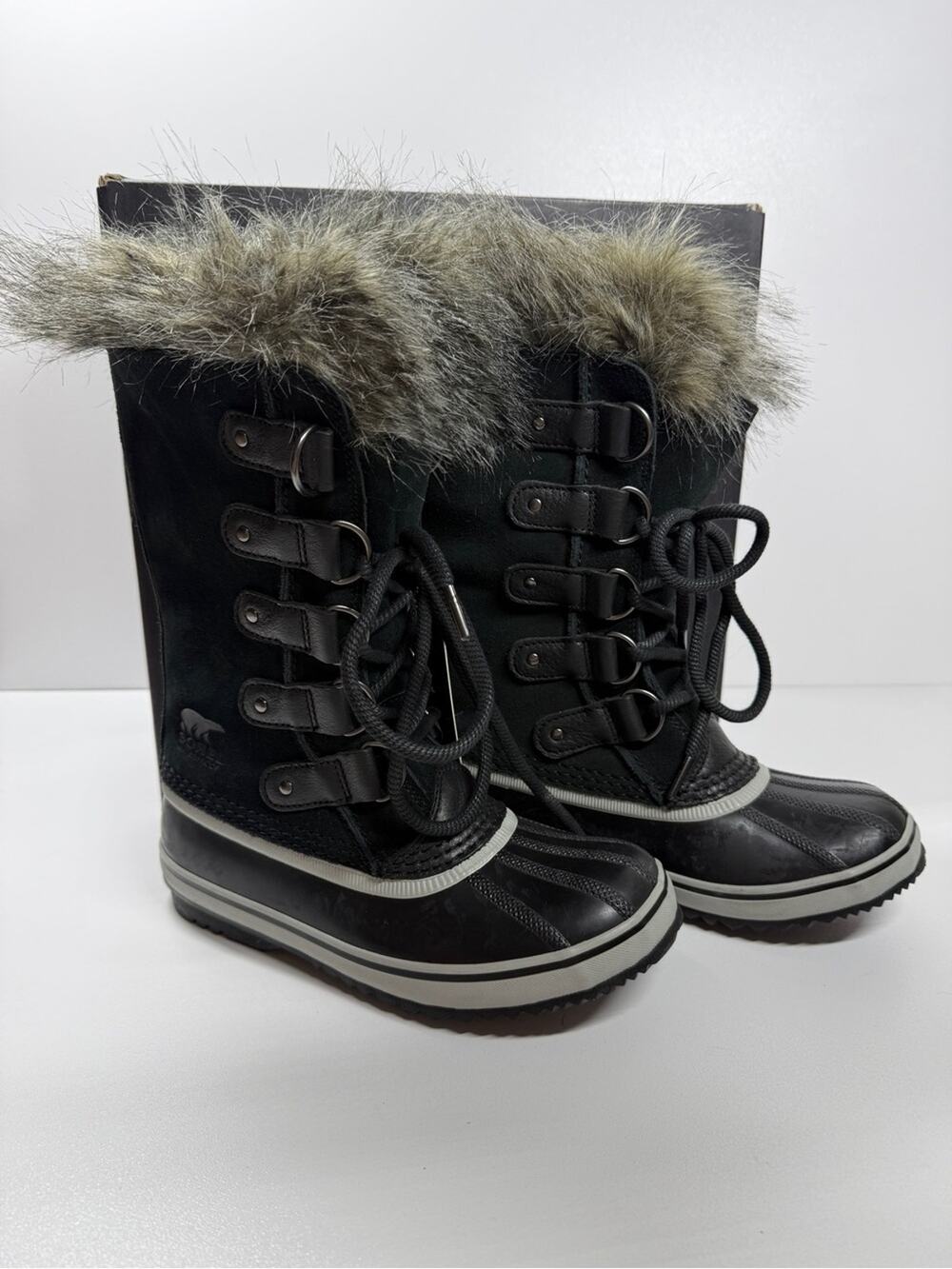 Sorel Joan of Arctic Black Suede Leather Faux Fur Collar Tall Winter Boots Size6